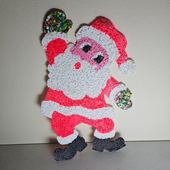 Vintage Christmas Melted Plastic Popcorn Santa Claus Decoration rainbow mittens - Picture 2 of 2